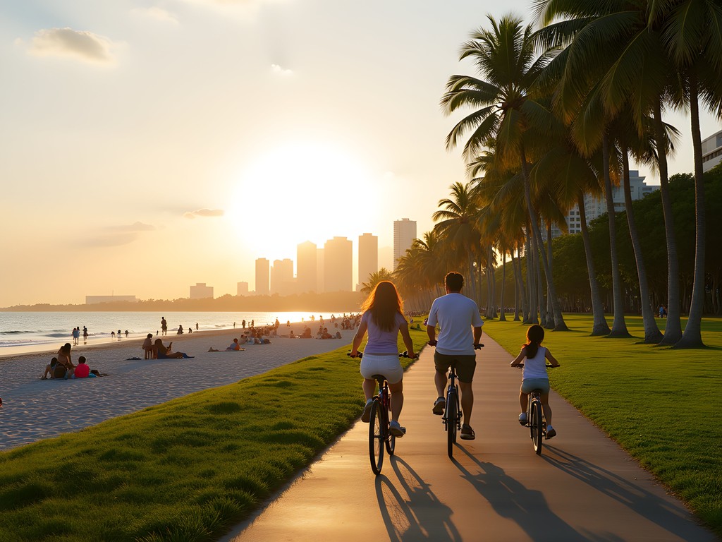 Family cycling along East Coast Park beach path with Singapore skyline view