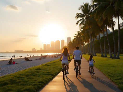 Family cycling along East Coast Park beach path with Singapore skyline view