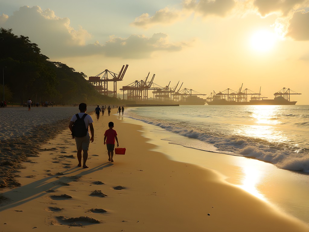 Pasir Panjang beach with container ships and port in background
