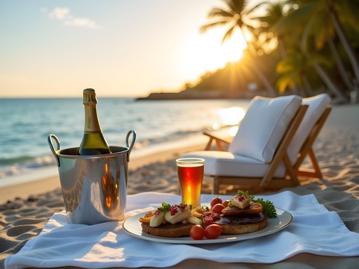 Luxurious private setup on Gibbes Beach with champagne picnic at sunset