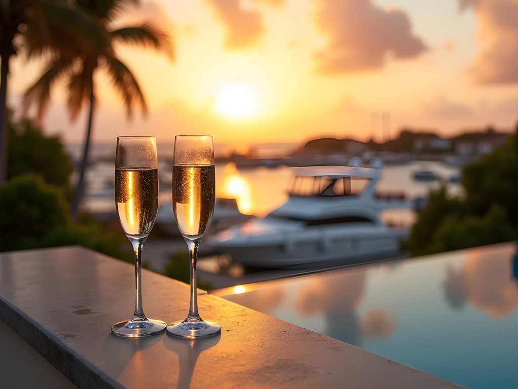 Luxury marina view from Port Ferdinand Resort in Barbados at sunset