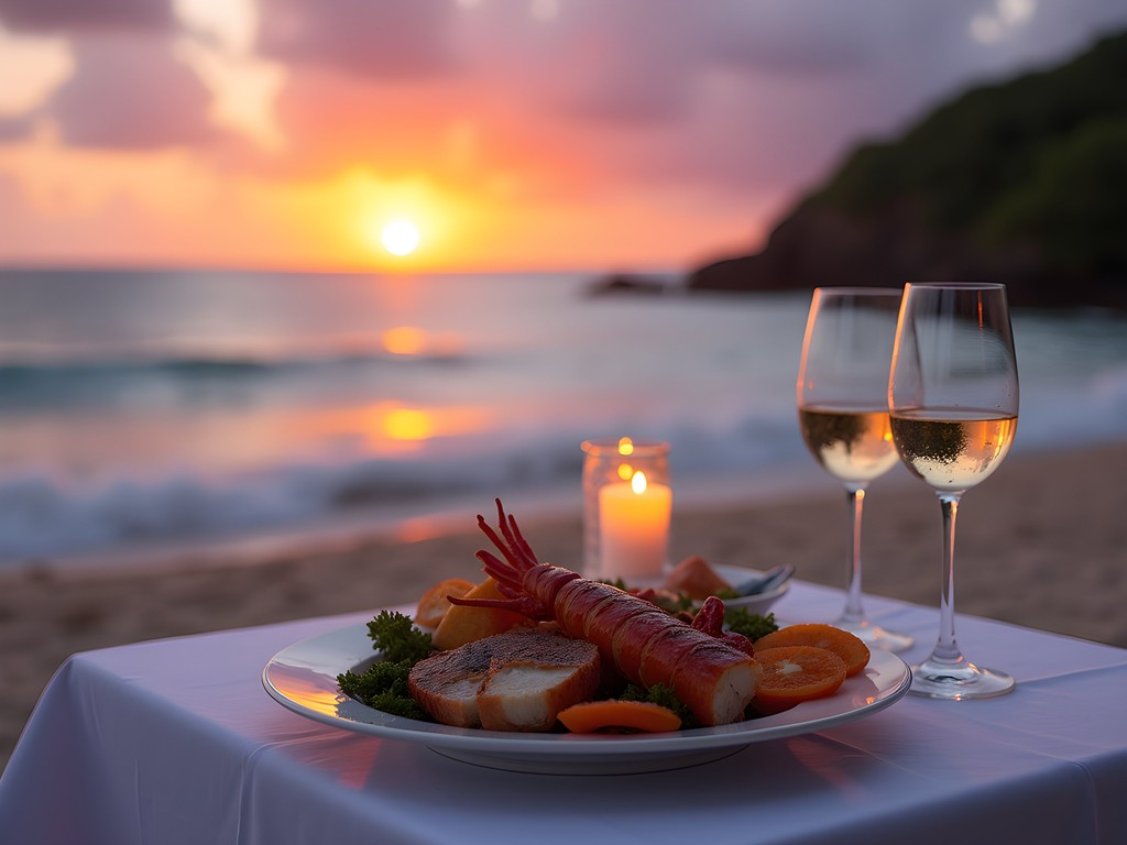 Luxury beachfront dining experience at sunset in Speightstown, Barbados
