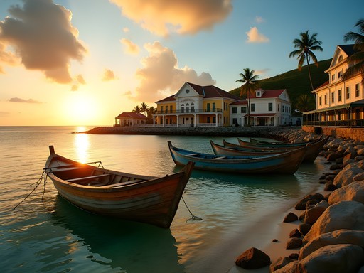 Historic waterfront of Speightstown Barbados at sunrise with fishing boats