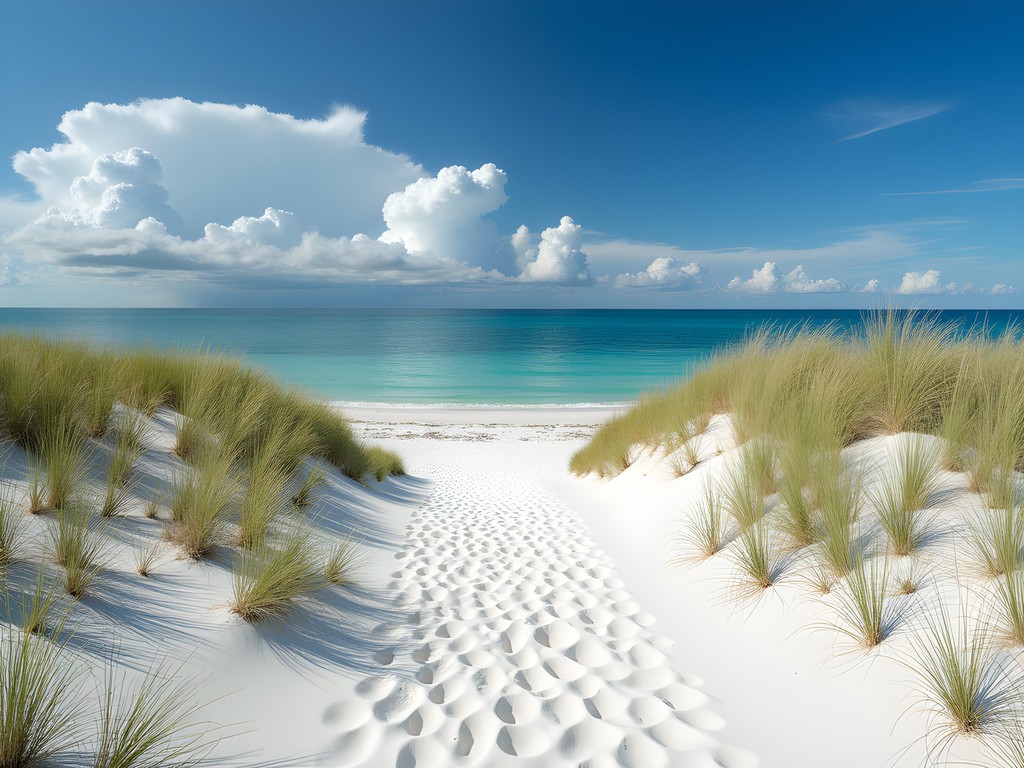 Pristine beach at Anastasia State Park with sea oats on sand dunes and turquoise water