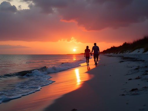 Family enjoying sunset at Butler Beach with calm waters and colorful sky