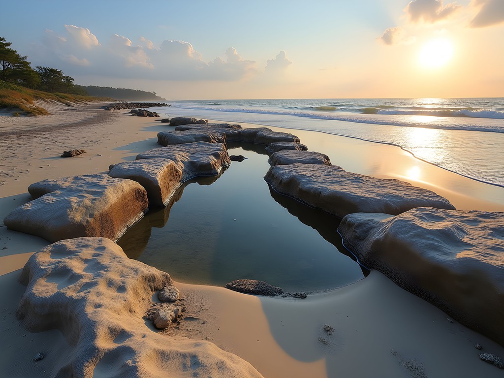 Unique coquina rock formations at Crescent Beach with tide pools and Atlantic Ocean