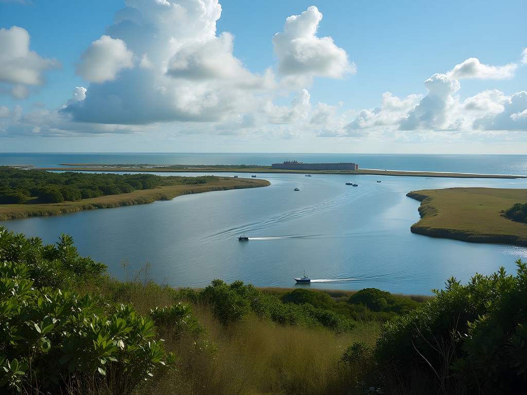View of Matanzas Inlet with Fort Matanzas visible across water with boats passing
