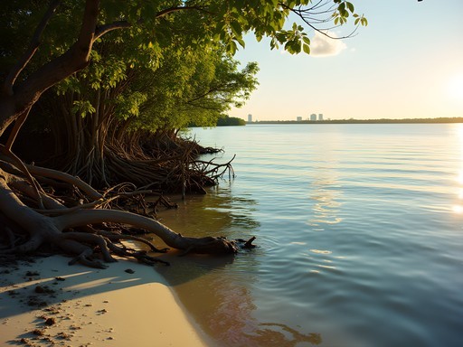 Caladesi Island's secluded bayside shore with mangrove roots and calm water at sunset
