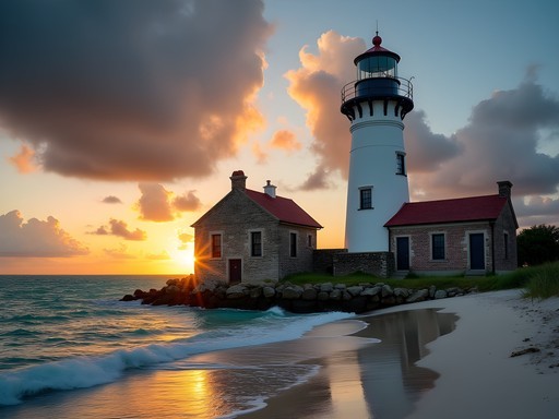 Egmont Key lighthouse and Civil War era ruins at sunset with secluded beach