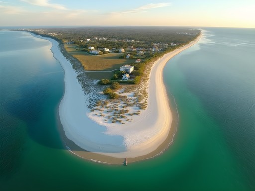 Aerial view of Pass-a-Grille's southern tip where Gulf meets channel with few beachgoers