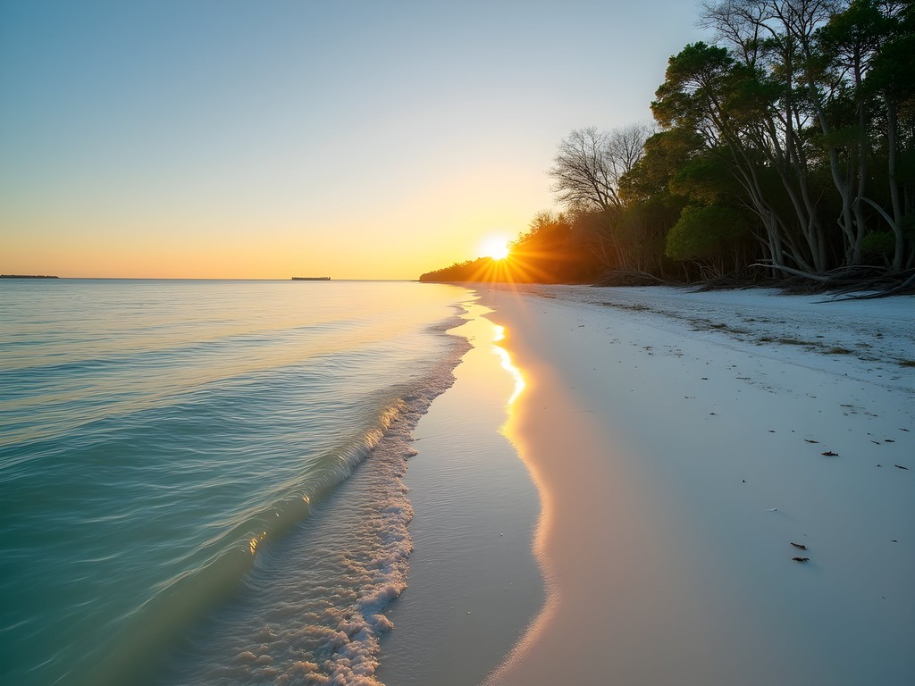 Sunrise over Shell Key Preserve's pristine shoreline with birds and mangroves