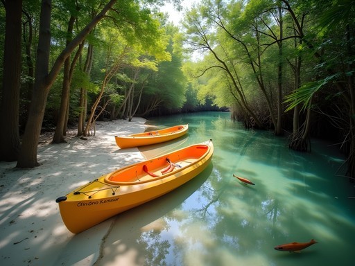 Kayakers discovering hidden sandy beach within Weedon Island Preserve's mangrove tunnels