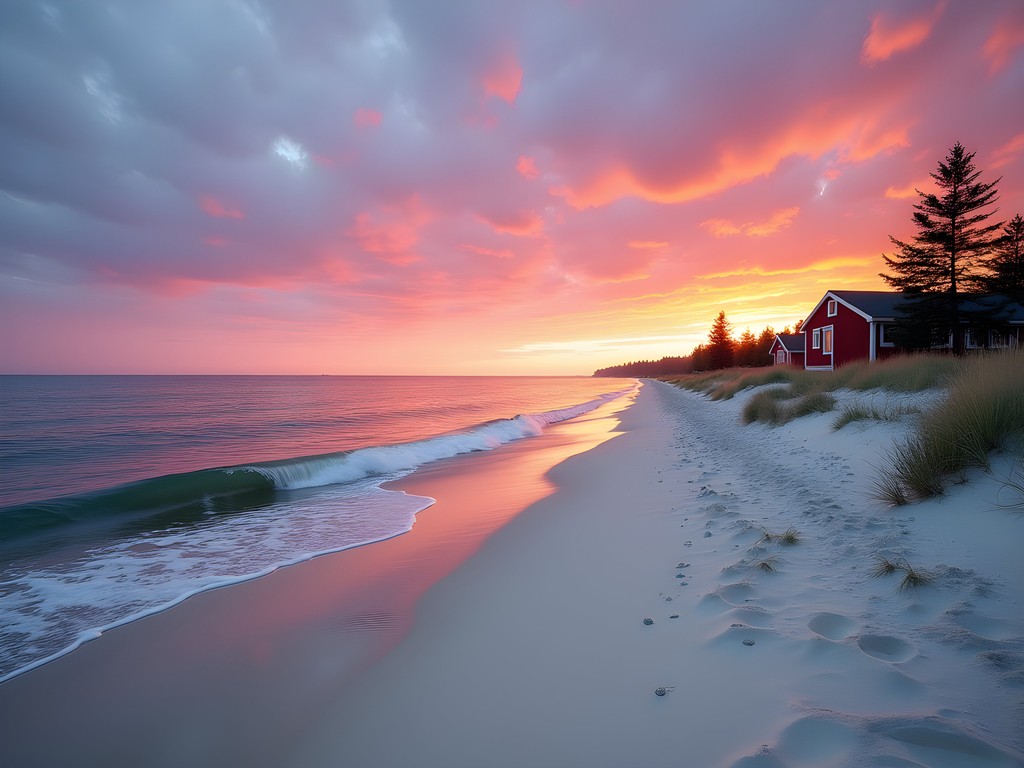 Sunrise over white sand beach on Sandhamn island in Stockholm archipelago