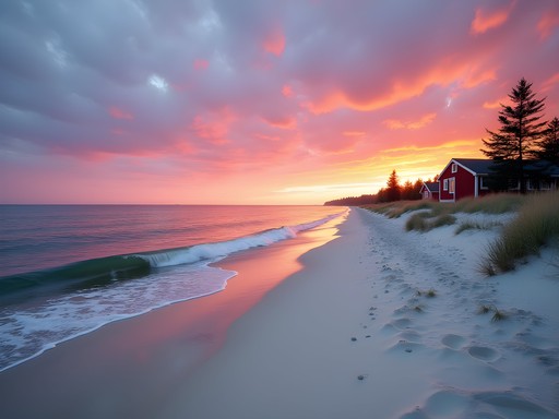 Sunrise over white sand beach on Sandhamn island in Stockholm archipelago