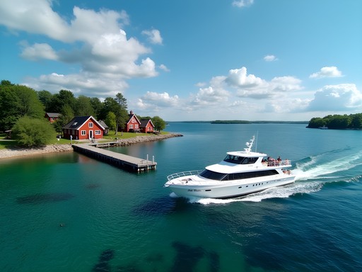 Ferry approaching beach dock between Svartsö and Ingmarsö islands in Stockholm archipelago