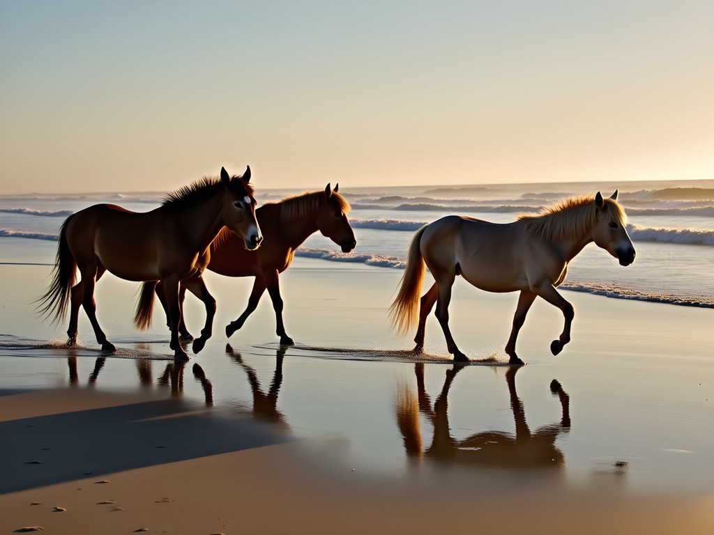 Wild ponies roaming on Assateague Island beach near Suffolk, Virginia