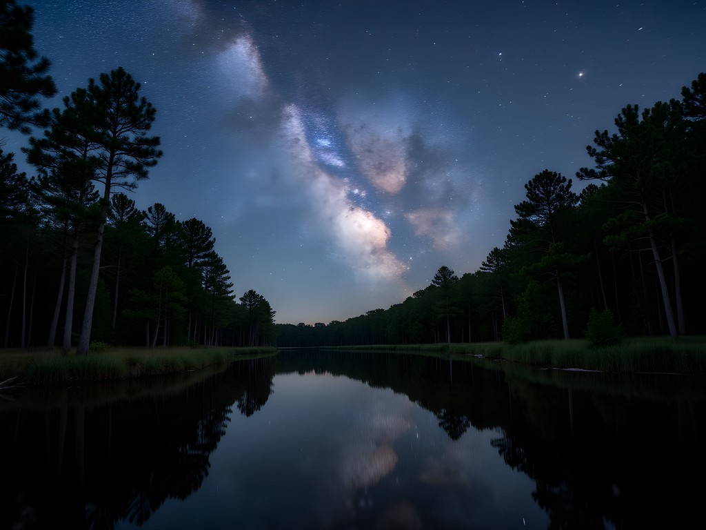 Night sky reflected in Suffolk waterway with stars and Milky Way visible