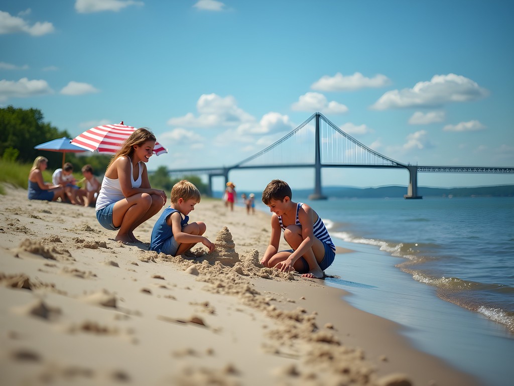 Families enjoying the shoreline at Yorktown Beach near Suffolk, Virginia
