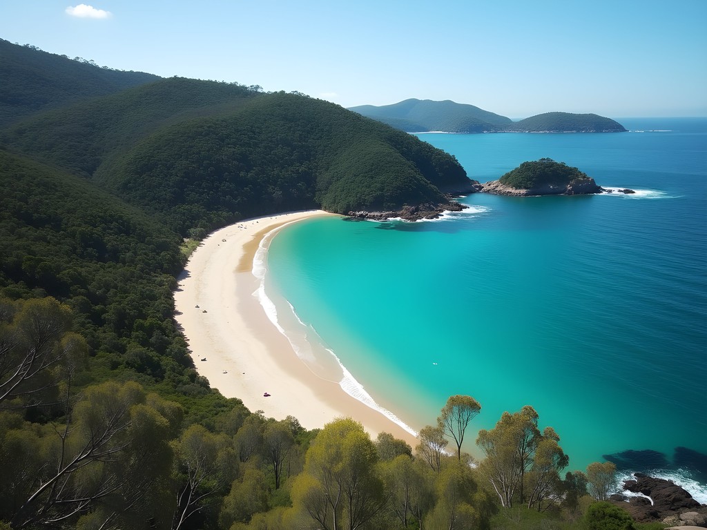 Aerial view of secluded Resolute Beach surrounded by Ku-ring-gai Chase National Park bushland