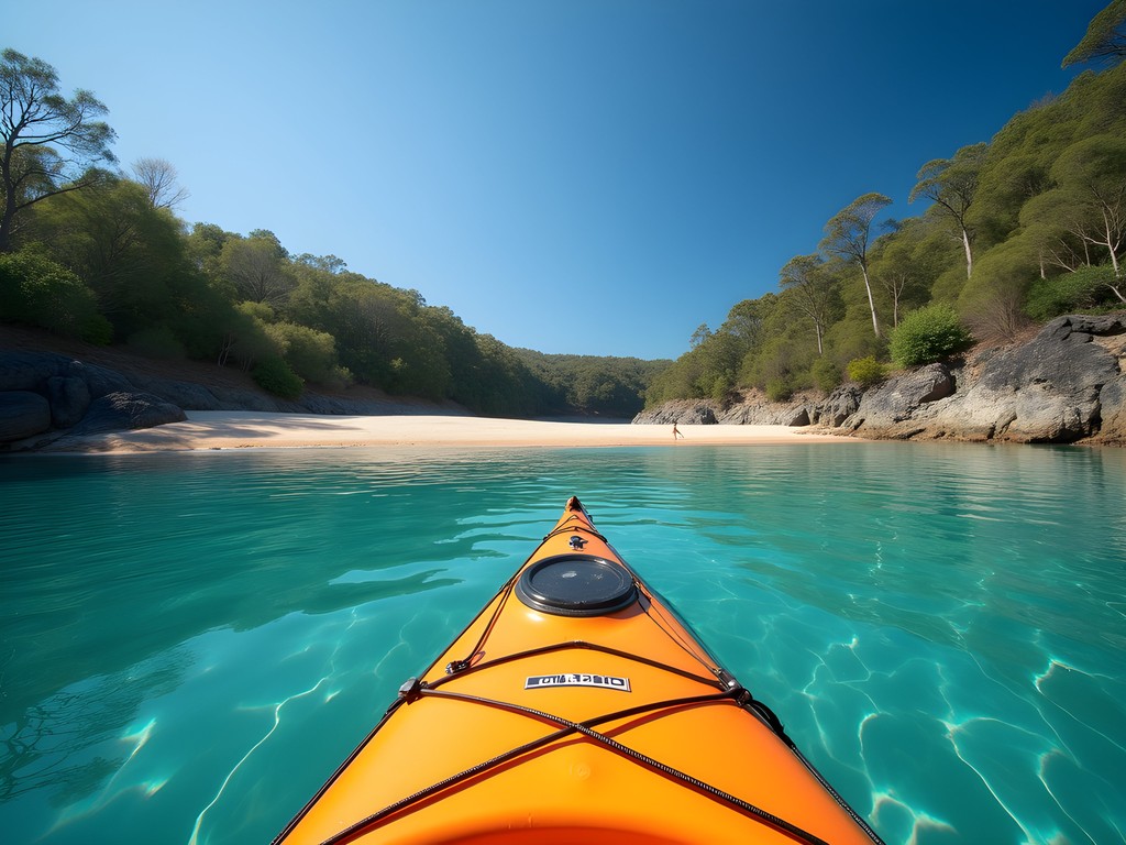 Kayak approaching the secluded golden sands of Store Beach with Sydney Harbor National Park in background