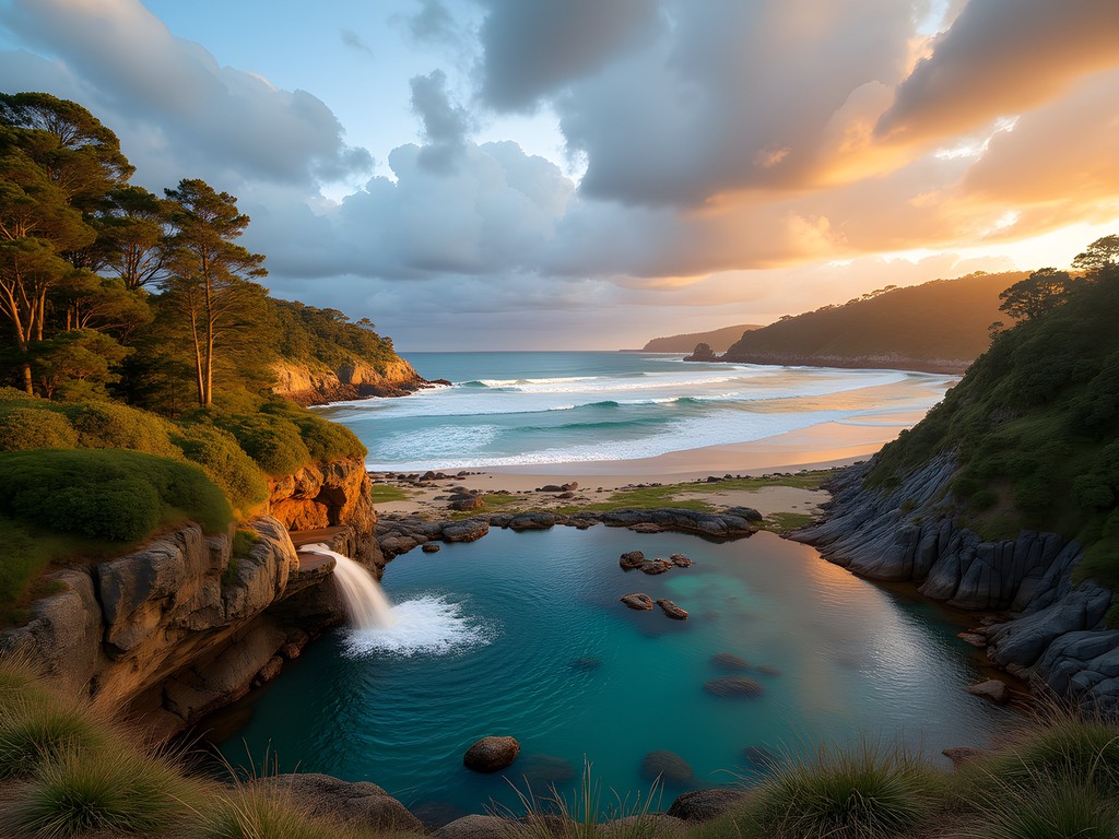 Wattamolla's freshwater lagoon with waterfall and ocean view in Royal National Park