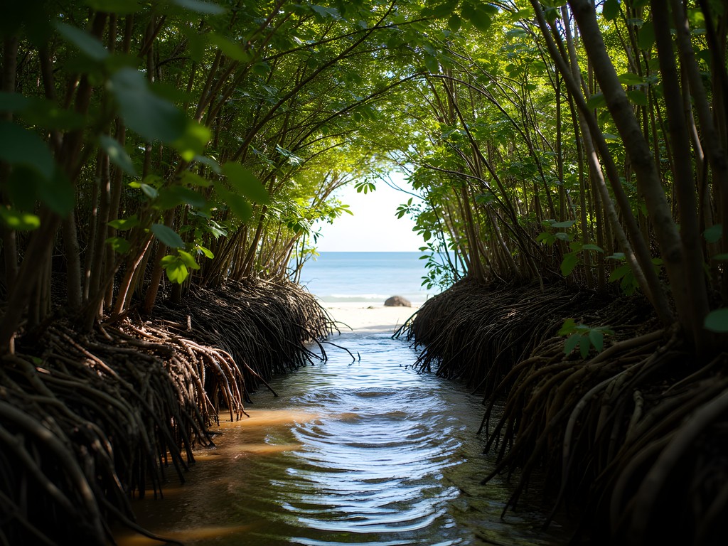 Mangrove-lined path leading to hidden Playa Minas beach in Costa Rica