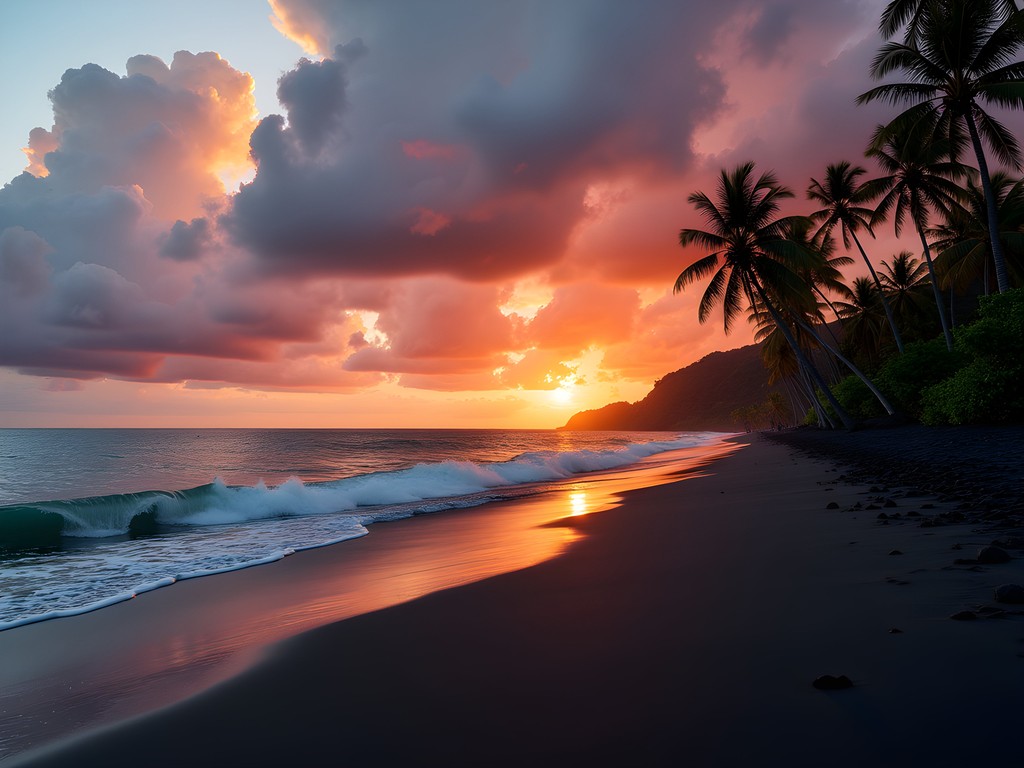 Sunset over Playa Negra's black volcanic sand beach in Costa Rica