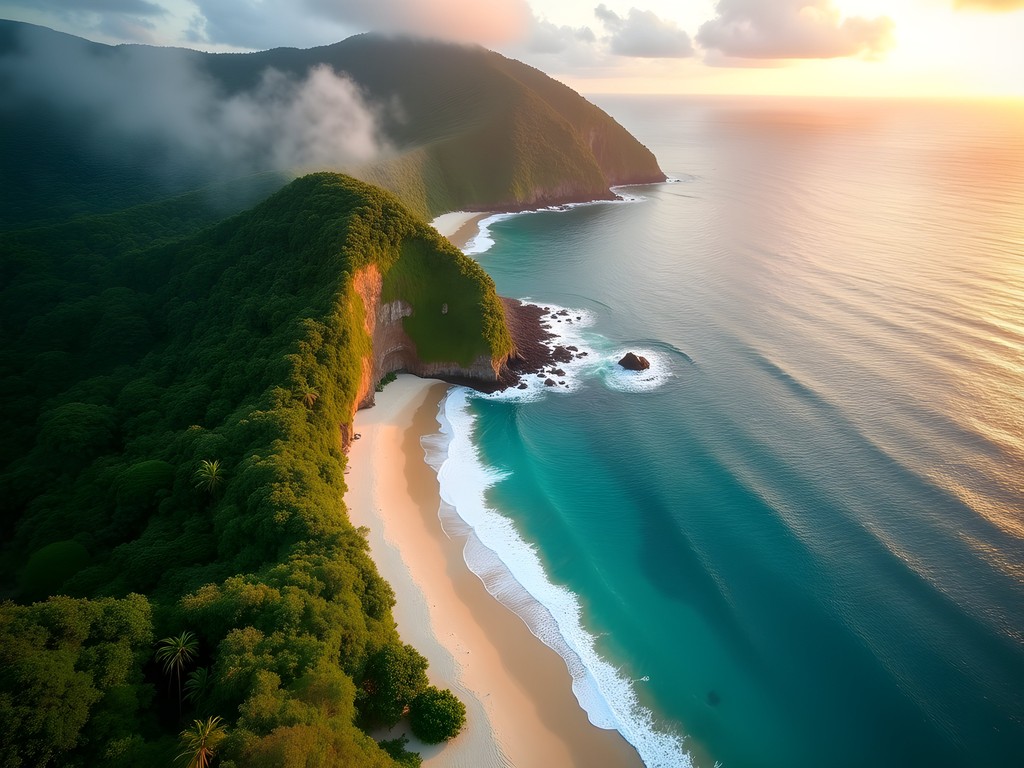 Aerial view of hidden beaches along Tamarindo coastline during golden hour