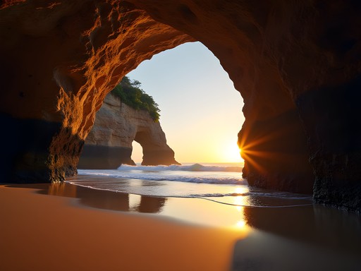 Natural rock arches and windows at Playa Ventanas with sunset light streaming through