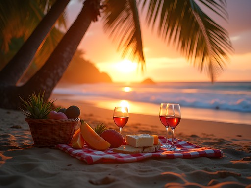 Romantic beach picnic setup during golden hour on a secluded Tamarindo beach