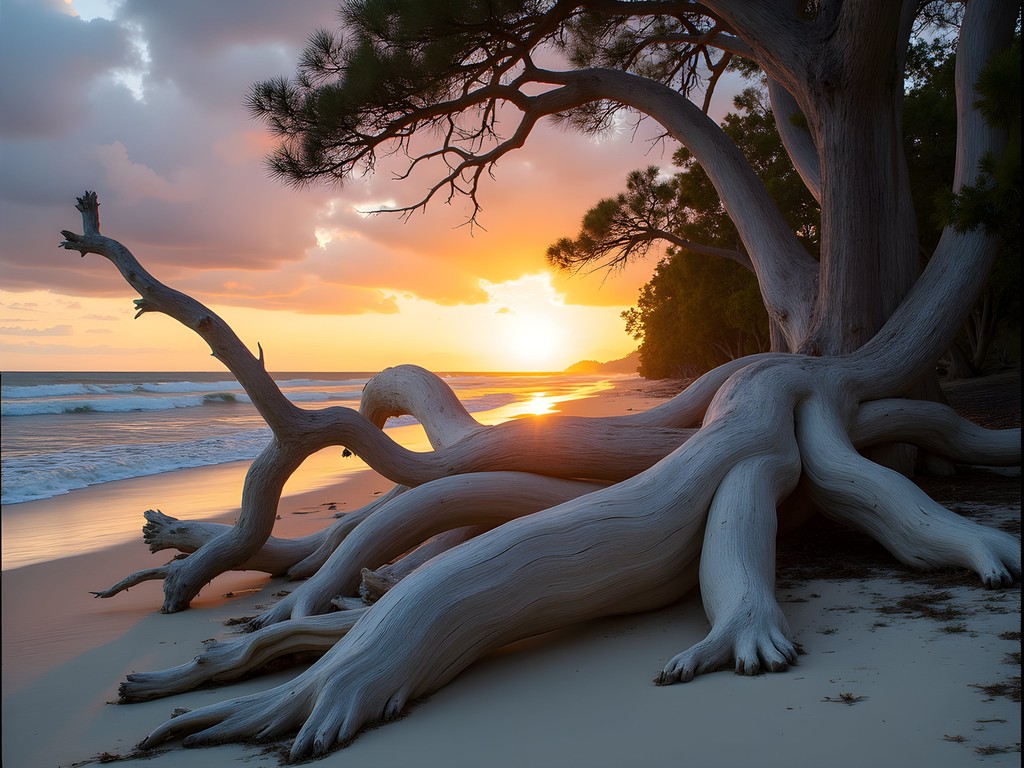 Dramatic driftwood forest along shoreline of Beer Can Island at sunset