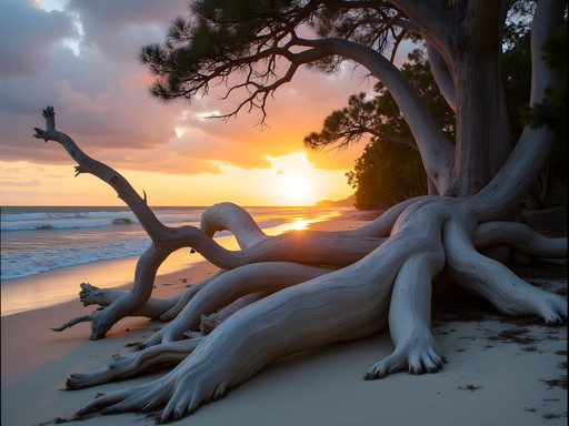 Dramatic driftwood forest along shoreline of Beer Can Island at sunset