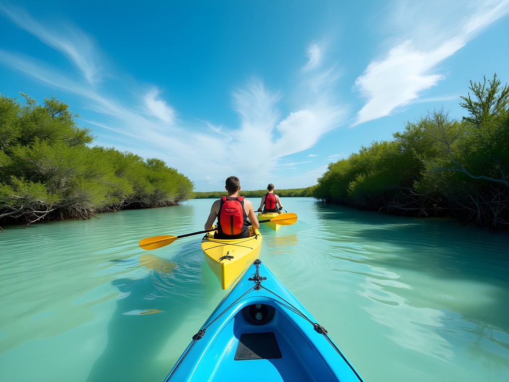 Couple kayaking through mangroves toward Caladesi Island in Tampa Bay