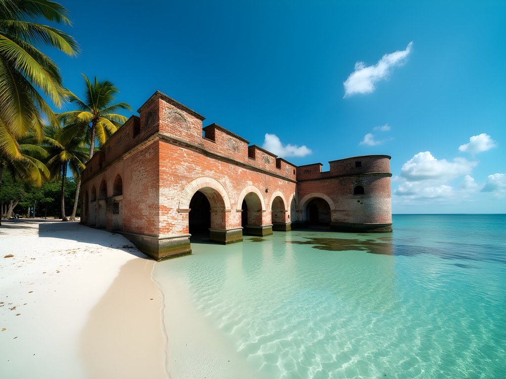 Historic brick ruins partially submerged in clear water at Egmont Key beach