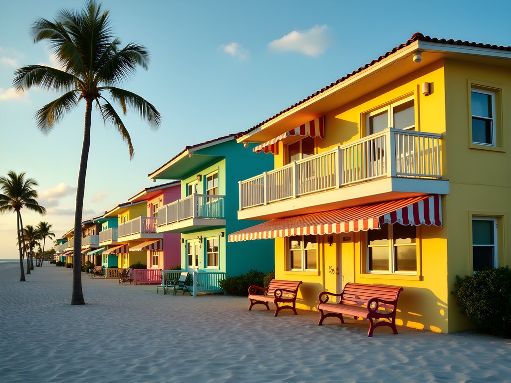 Colorful vintage buildings along Pass-a-Grille Beach with Gulf of Mexico in background