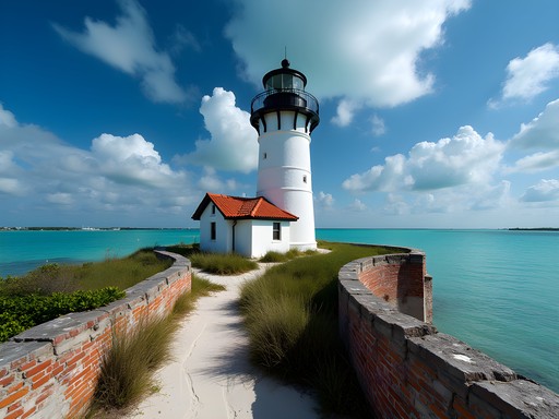 Historic lighthouse and brick ruins on Egmont Key with turquoise waters in background
