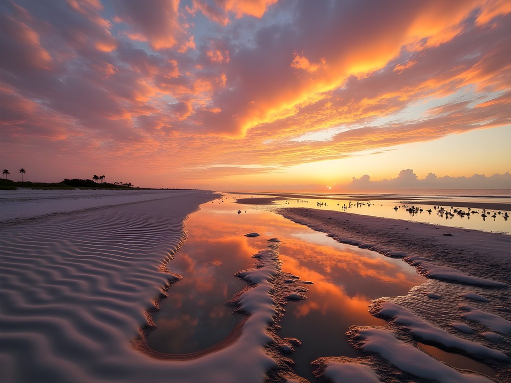 Sunrise at Fort De Soto Park with dramatic sky and tidal pools reflecting light