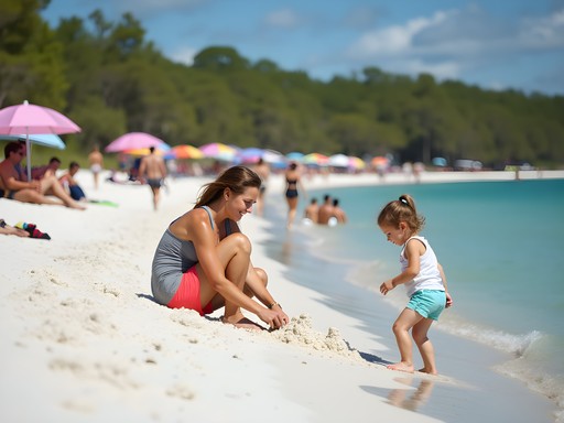 Family enjoying the white sand beach at Honeymoon Island with pine forest visible in background