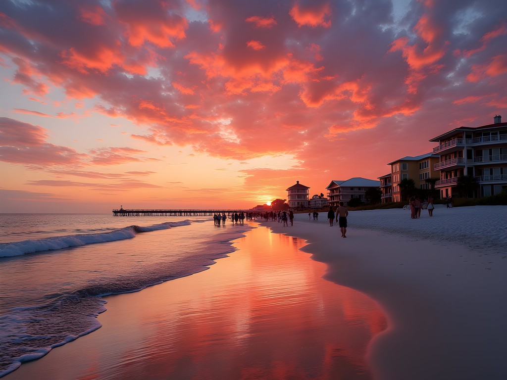 Sunset at Pass-a-Grille Beach with historic buildings silhouetted against colorful sky