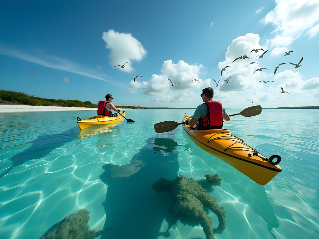 Kayakers approaching the pristine shores of Shell Key Preserve with birds in flight