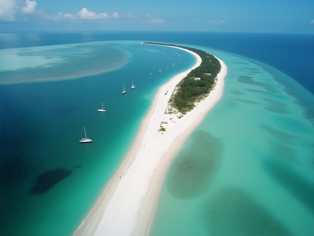 Aerial view of Three Rooker Island showing pristine sandbar surrounded by multiple shades of blue water
