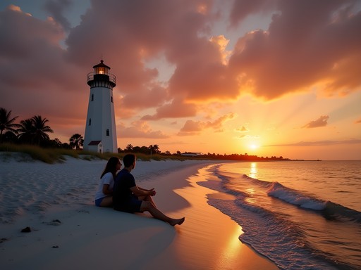 Historic lighthouse on Egmont Key with couple watching sunset on beach