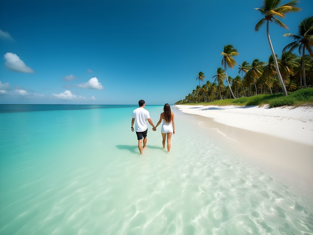 Couple wading in shallow tidal lagoon at Fort De Soto North Beach