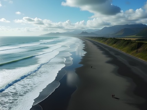 Expansive view of Maketu Beach showing black volcanic sand and estuary meeting the ocean