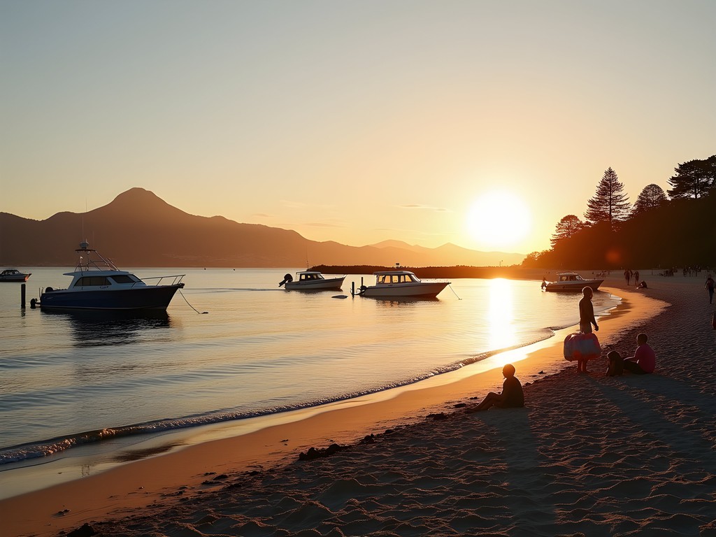 Calm waters of Pilot Bay at sunrise with boats in harbor and Mount Maunganui in background
