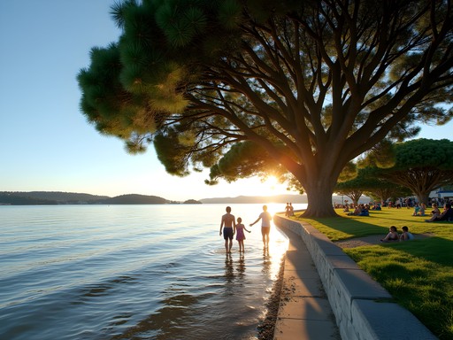 Calm harbor waters at Tanners Point with pohutukawa trees providing shade and children swimming in shallow water