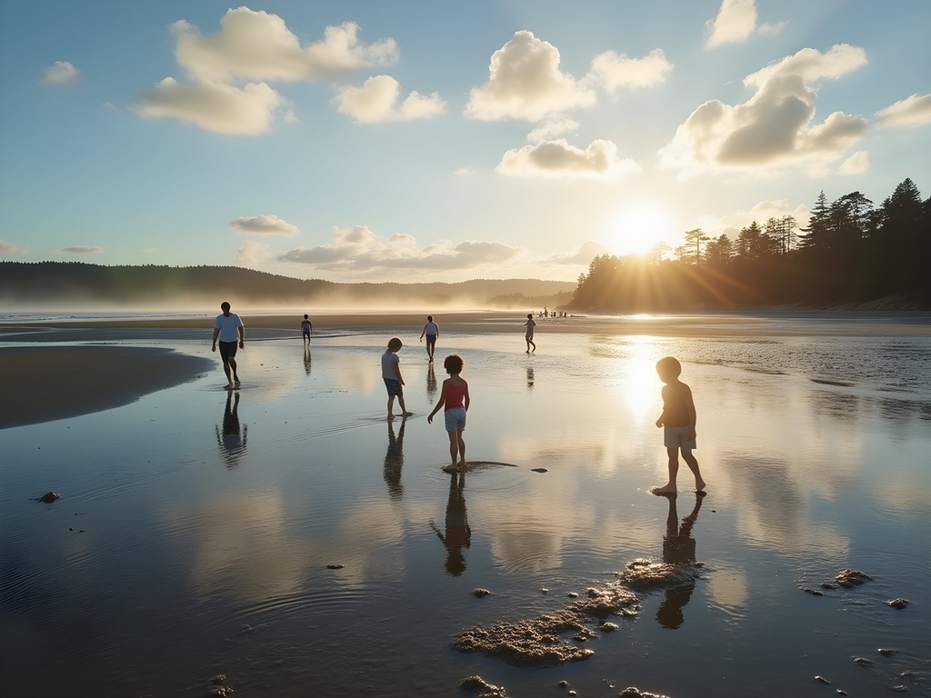 Expansive sandbars at low tide at Tuapiro Point with families exploring tidal pools