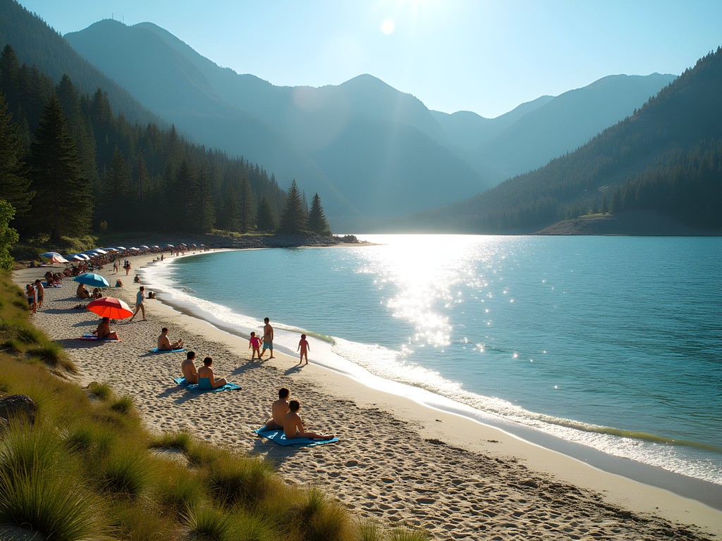 sandy beach at Jordanelle Reservoir with clear blue water and mountain backdrop