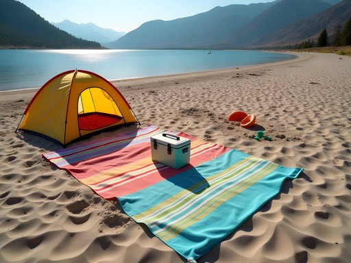 family picnic setup at Utah reservoir beach with mountains in background
