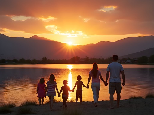 golden hour sunset over Utah reservoir with families packing up beach gear